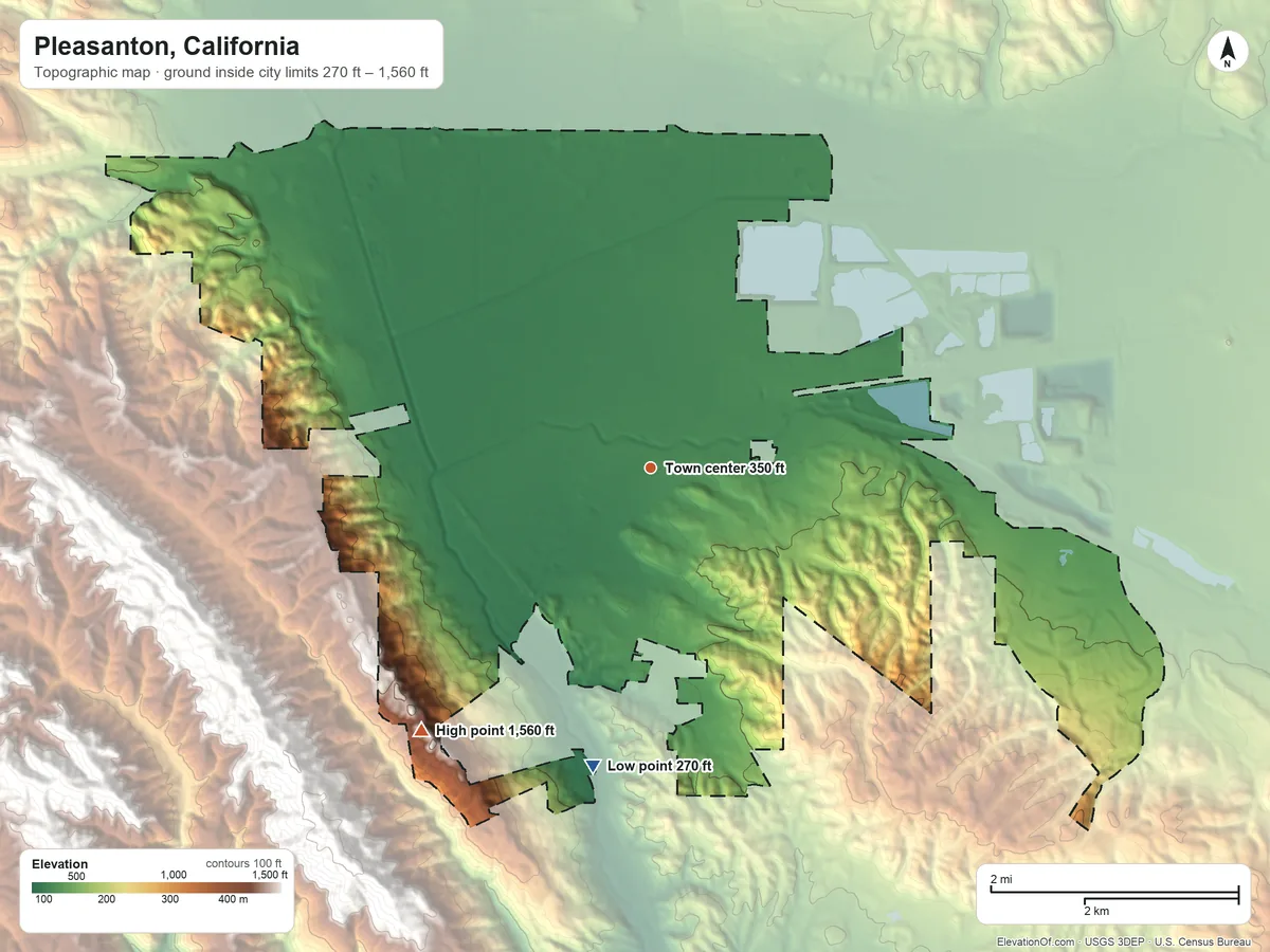 Topographic elevation map of Pleasanton, California, shaded from 270 ft on the south side to 1,560 ft at the foot of the Dougherty Hills