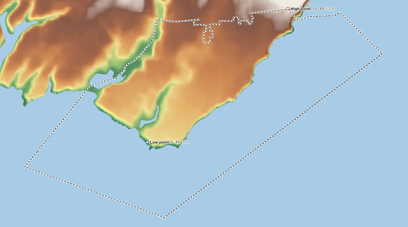 Topographic elevation map of Pleasure Point, California, shaded from 5 ft on the southwest side to 72 ft on the northeast side