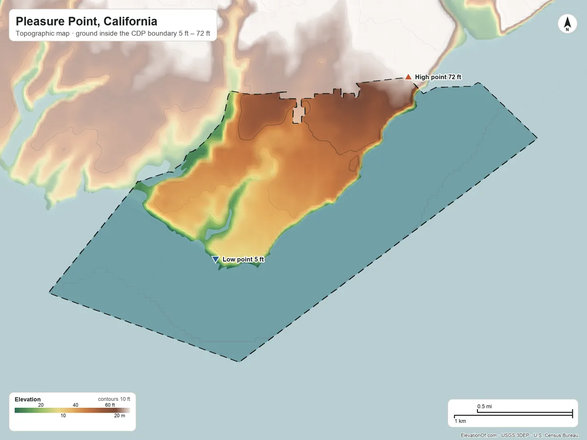 Topographic elevation map of Pleasure Point, California, shaded from 5 ft on the southwest side to 72 ft on the northeast side