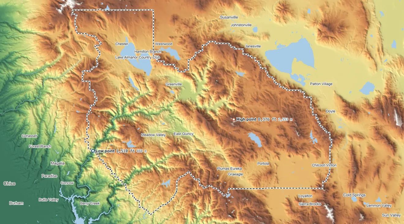 Topographic elevation map of Plumas County, California, shaded from 1,510 ft on the west side to 8,376 ft on Mount Ingalls