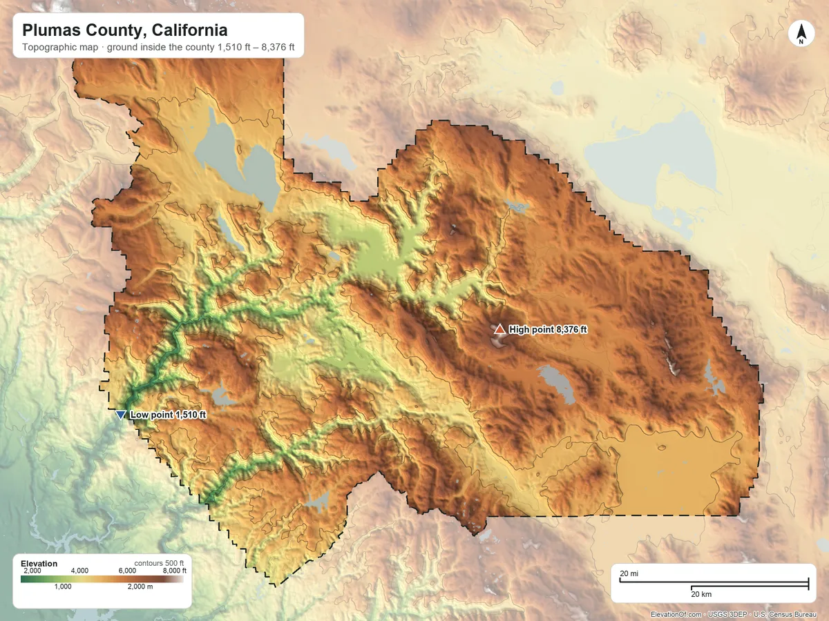 Topographic elevation map of Plumas County, California, shaded from 1,510 ft on the west side to 8,376 ft on Mount Ingalls