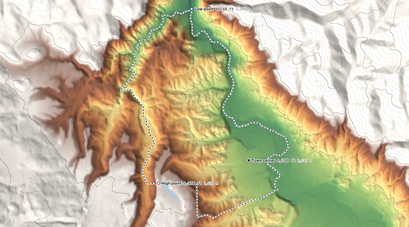 Topographic elevation map of Plumas Eureka, California, shaded from 4,240 ft on the north side to 4,980 ft on the west edge, below higher ground just outside