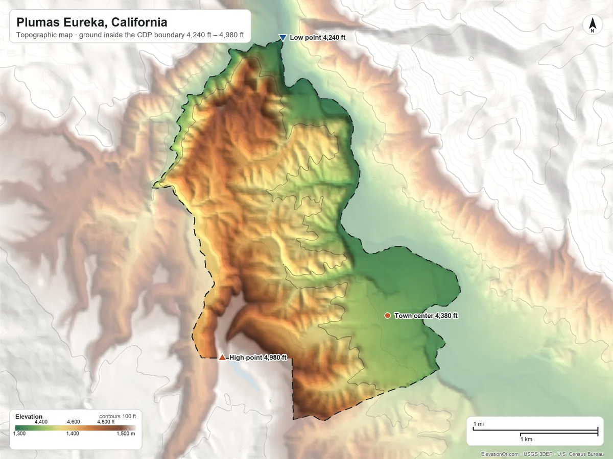 Topographic elevation map of Plumas Eureka, California, shaded from 4,240 ft on the north side to 4,980 ft on the west edge, below higher ground just outside