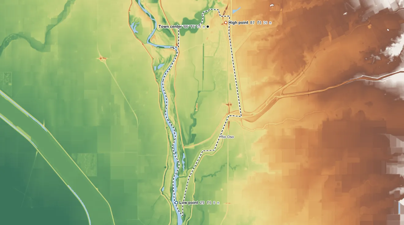 Topographic elevation map of Plumas Lake, California, shaded from 25 ft on the south side to 87 ft near the middle
