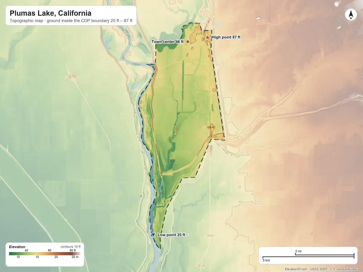 Topographic elevation map of Plumas Lake, California, shaded from 25 ft on the south side to 87 ft near the middle