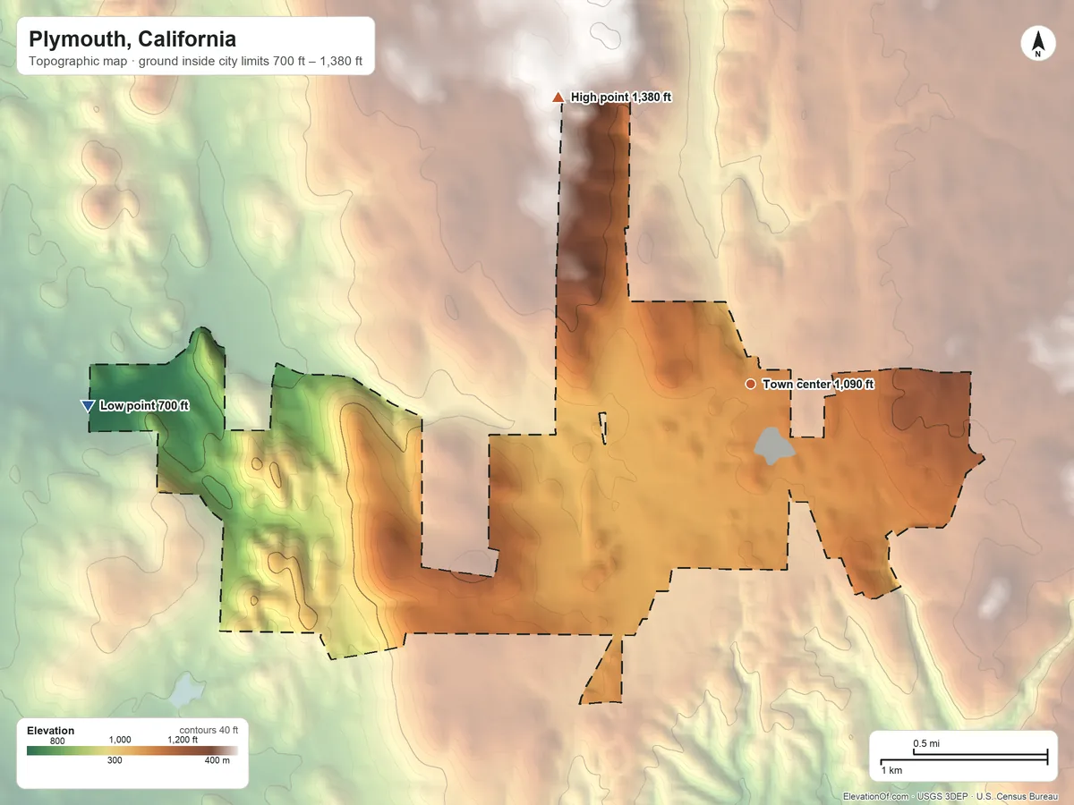 Topographic elevation map of Plymouth, California, shaded from 700 ft on the west side to 1,380 ft on the northwest side