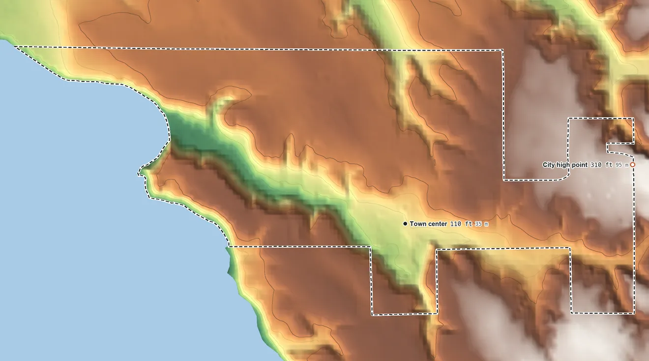 Topographic elevation map of Point Arena, California, shaded from sea level level on the Pacific Ocean to 310 ft on the east edge, below higher ground just outside
