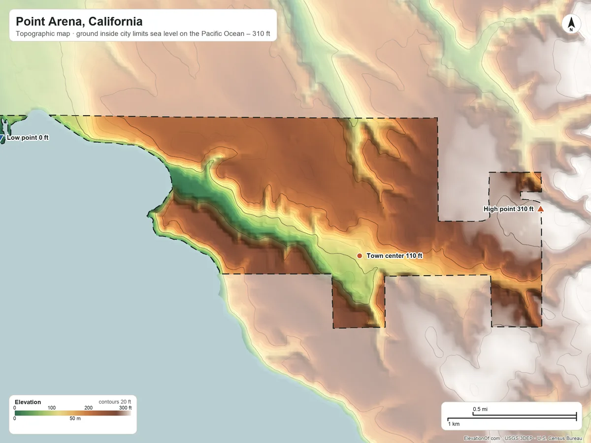 Topographic elevation map of Point Arena, California, shaded from sea level level on the Pacific Ocean to 310 ft on the east edge, below higher ground just outside