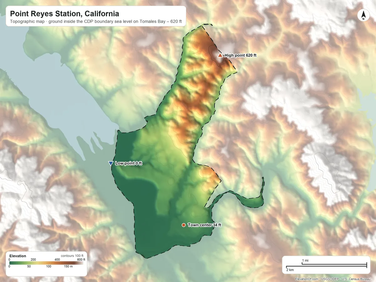 Topographic elevation map of Point Reyes Station, California, shaded from sea level level on Tomales Bay to 620 ft on the north edge, below higher ground just outside