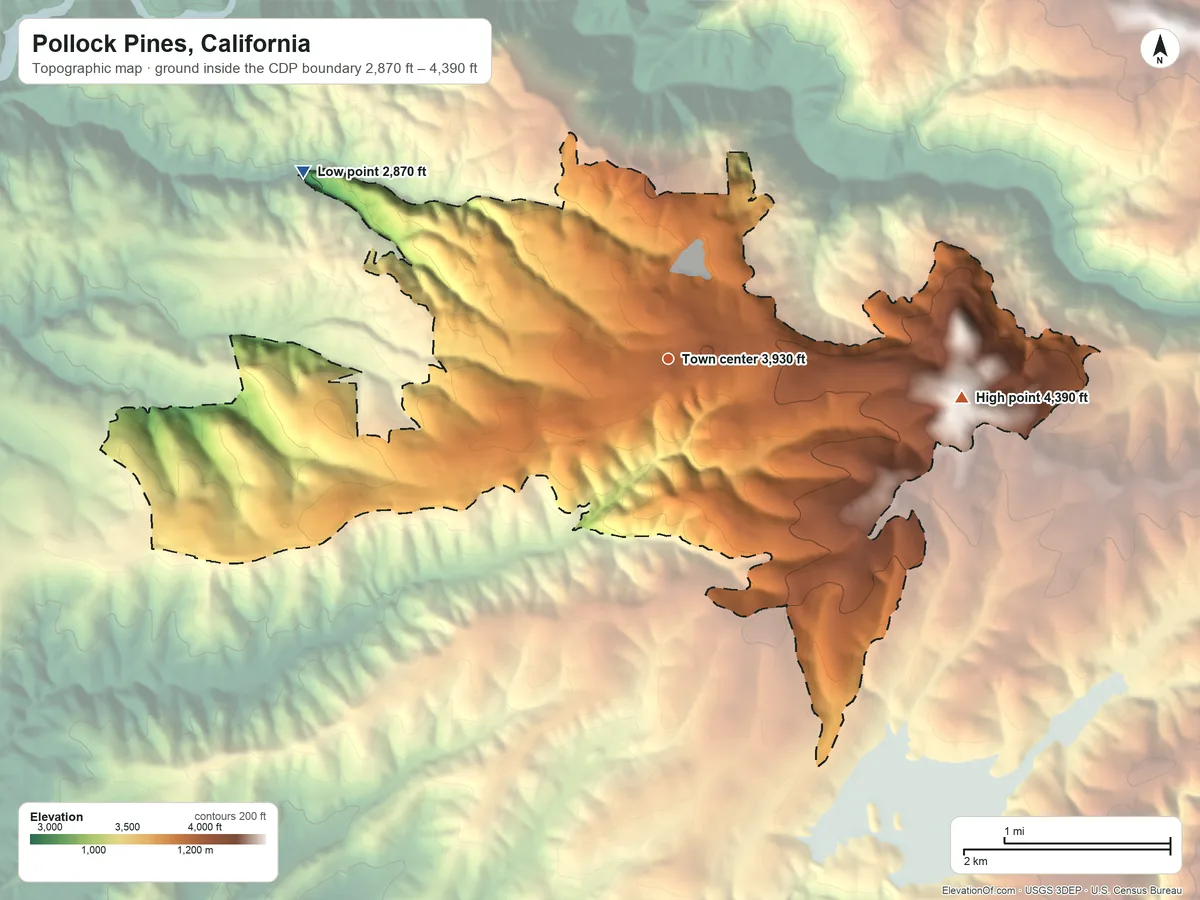 Topographic elevation map of Pollock Pines, California, shaded from 2,870 ft on the northwest side to 4,390 ft on the east side