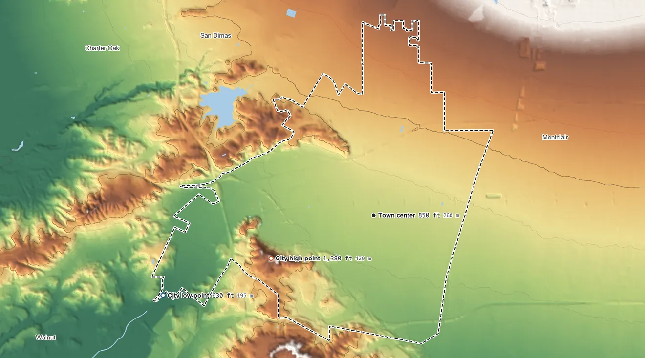 Topographic elevation map of Pomona, California, shaded from 630 ft on the west side to 1,380 ft on the southwest side