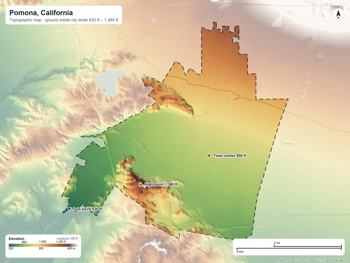 Topographic elevation map of Pomona, California, shaded from 630 ft on the west side to 1,380 ft on the southwest side