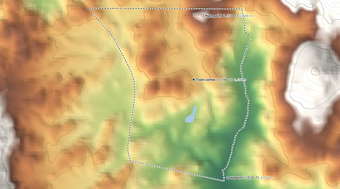 Topographic elevation map of Ponderosa, California, shaded from 7,030 ft on the south side to 7,370 ft on the north edge, below higher ground just outside