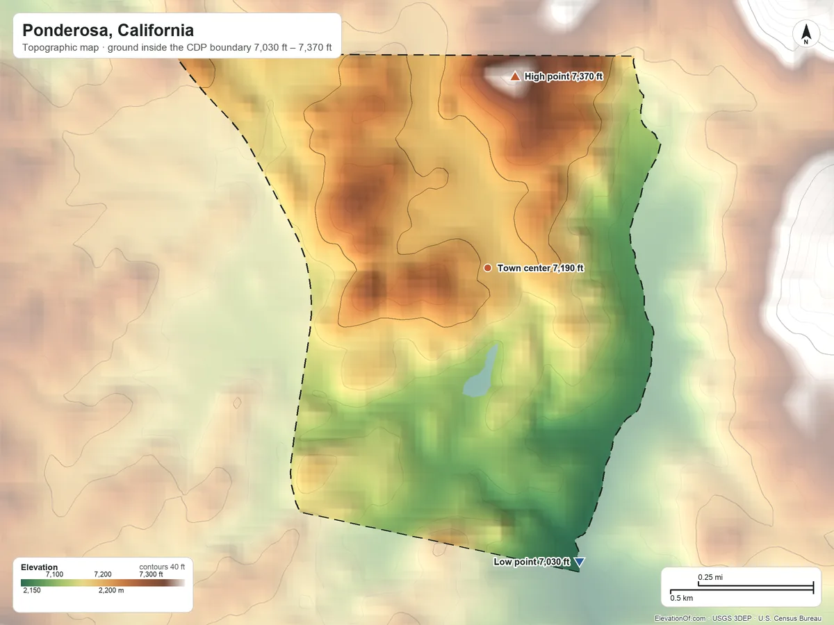 Topographic elevation map of Ponderosa, California, shaded from 7,030 ft on the south side to 7,370 ft on the north edge, below higher ground just outside