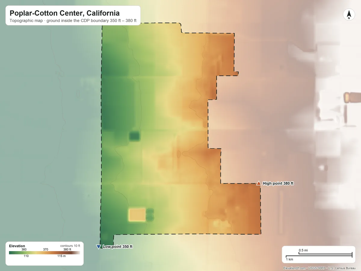 Topographic elevation map of Poplar-Cotton Center, California, shaded from 350 ft on the southwest side to 380 ft on the southeast side