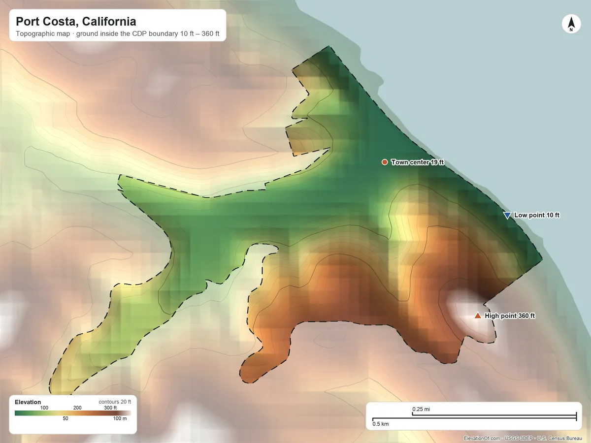 Topographic elevation map of Port Costa, California, shaded from 10 ft on the southeast side to 360 ft at the foot of the Briones Hills