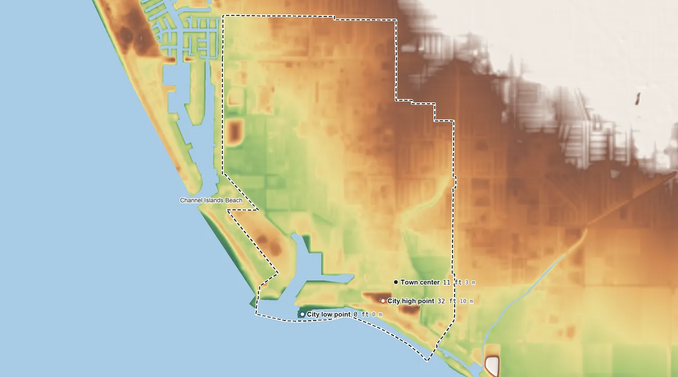 Topographic elevation map of Port Hueneme, California, shaded from sea level level on the Pacific Ocean to 32 ft near the middle
