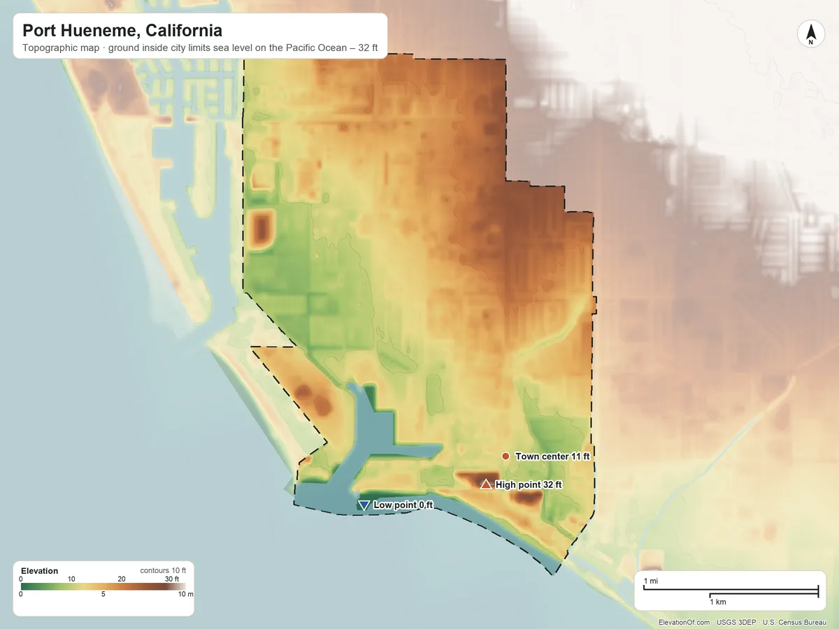 Topographic elevation map of Port Hueneme, California, shaded from sea level level on the Pacific Ocean to 32 ft near the middle