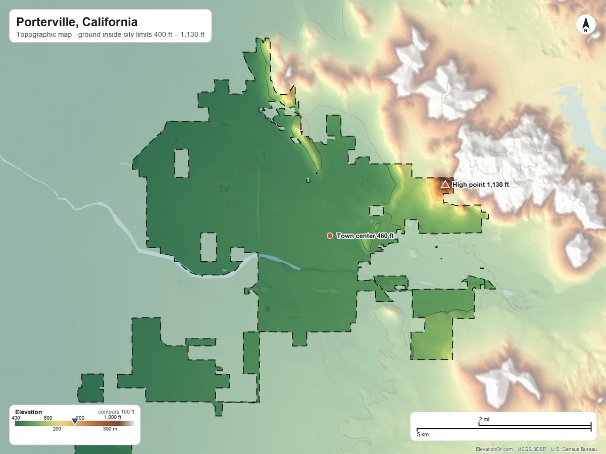 Topographic elevation map of Porterville, California, shaded from 400 ft on the southwest side to 1,130 ft on the northeast edge, below higher ground just outside