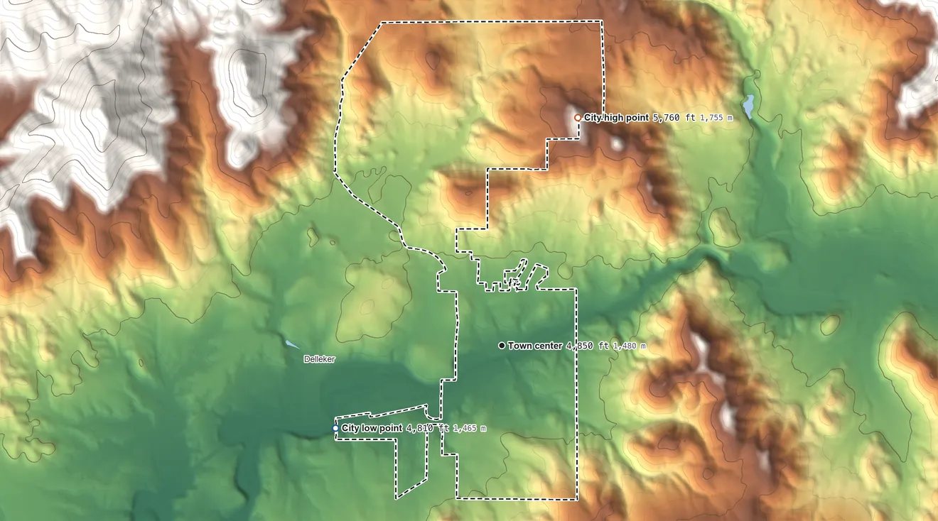Topographic elevation map of Portola, California, shaded from 4,810 ft on the southwest side to 5,760 ft on the north side