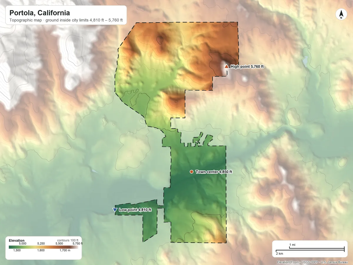 Topographic elevation map of Portola, California, shaded from 4,810 ft on the southwest side to 5,760 ft on the north side