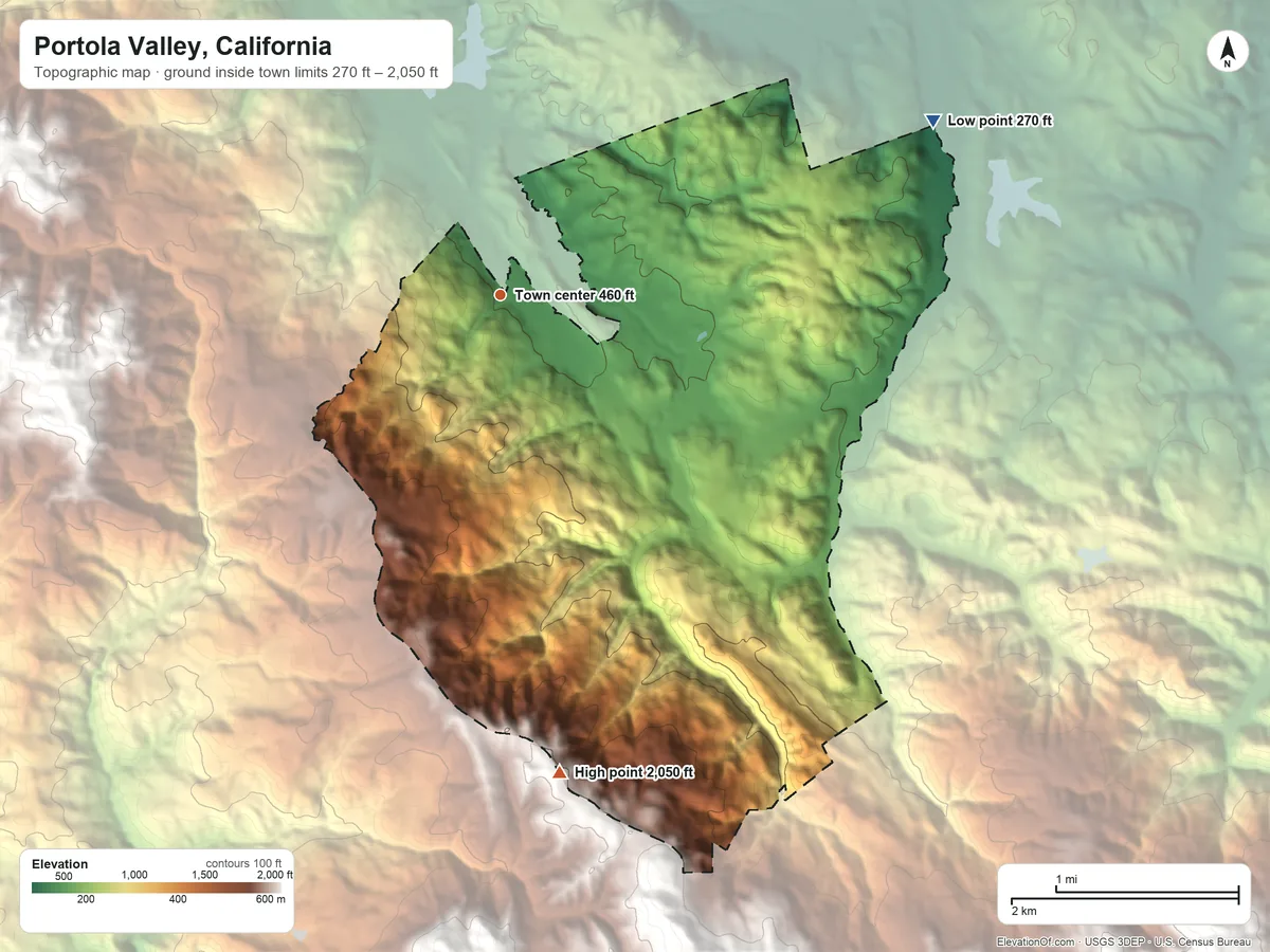 Topographic elevation map of Portola Valley, California, shaded from 270 ft on the east side to 2,050 ft at the foot of the Santa Cruz Mountains