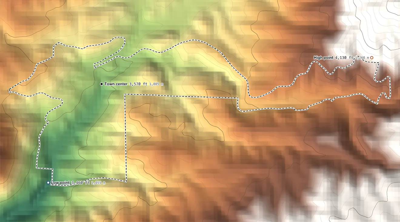 Topographic elevation map of Posey, California, shaded from 3,460 ft on the southwest side to 4,130 ft at the foot of the Greenhorn Mountains