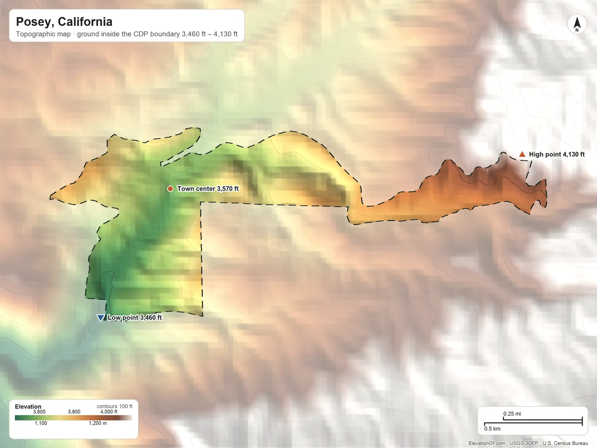 Topographic elevation map of Posey, California, shaded from 3,460 ft on the southwest side to 4,130 ft at the foot of the Greenhorn Mountains
