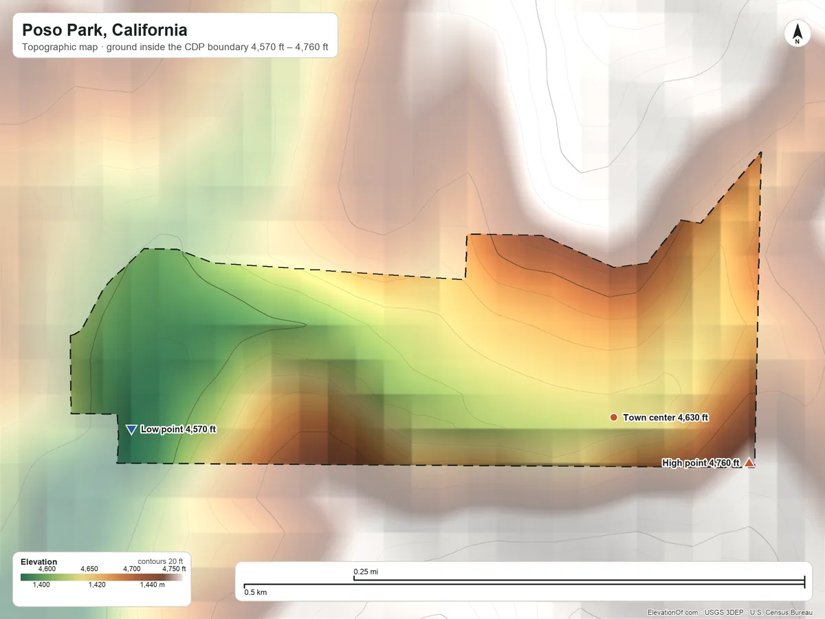 Topographic elevation map of Poso Park, California, shaded from 4,570 ft on the west side to 4,760 ft at the foot of the Greenhorn Mountains