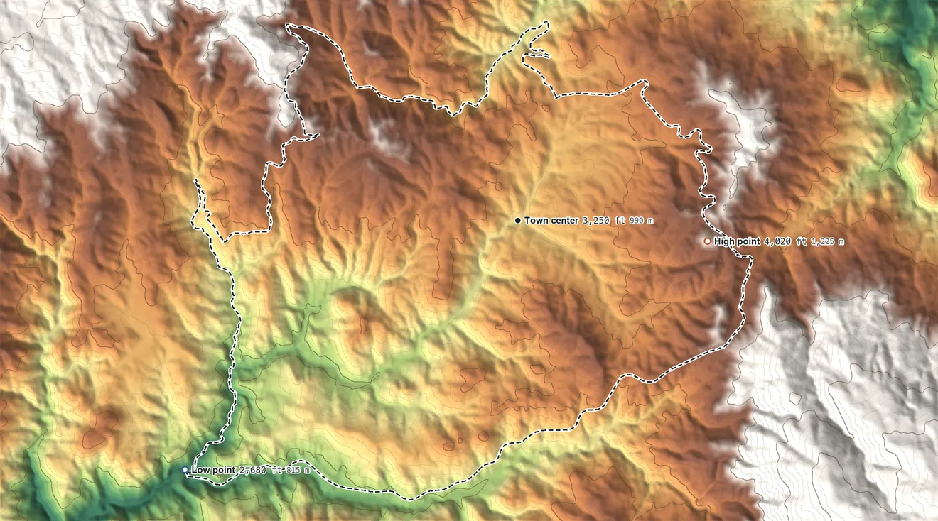 Topographic elevation map of Post Mountain, California, shaded from 2,680 ft on the southwest side to 4,020 ft on the east edge, below higher ground just outside