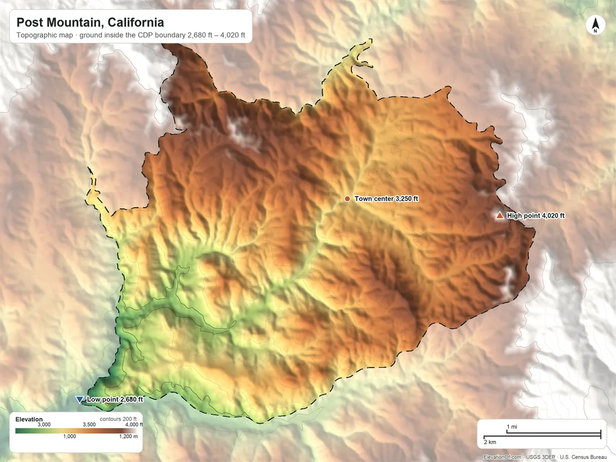 Topographic elevation map of Post Mountain, California, shaded from 2,680 ft on the southwest side to 4,020 ft on the east edge, below higher ground just outside