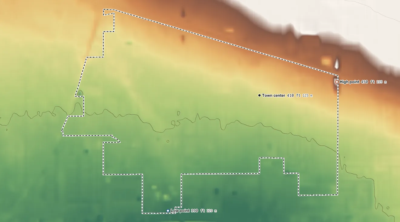 Topographic elevation map of Potomac Park, California, shaded from 390 ft on the southwest side to 450 ft on the east side