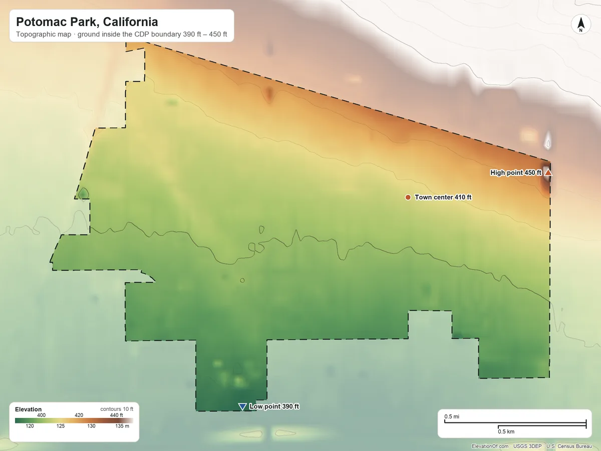 Topographic elevation map of Potomac Park, California, shaded from 390 ft on the southwest side to 450 ft on the east side