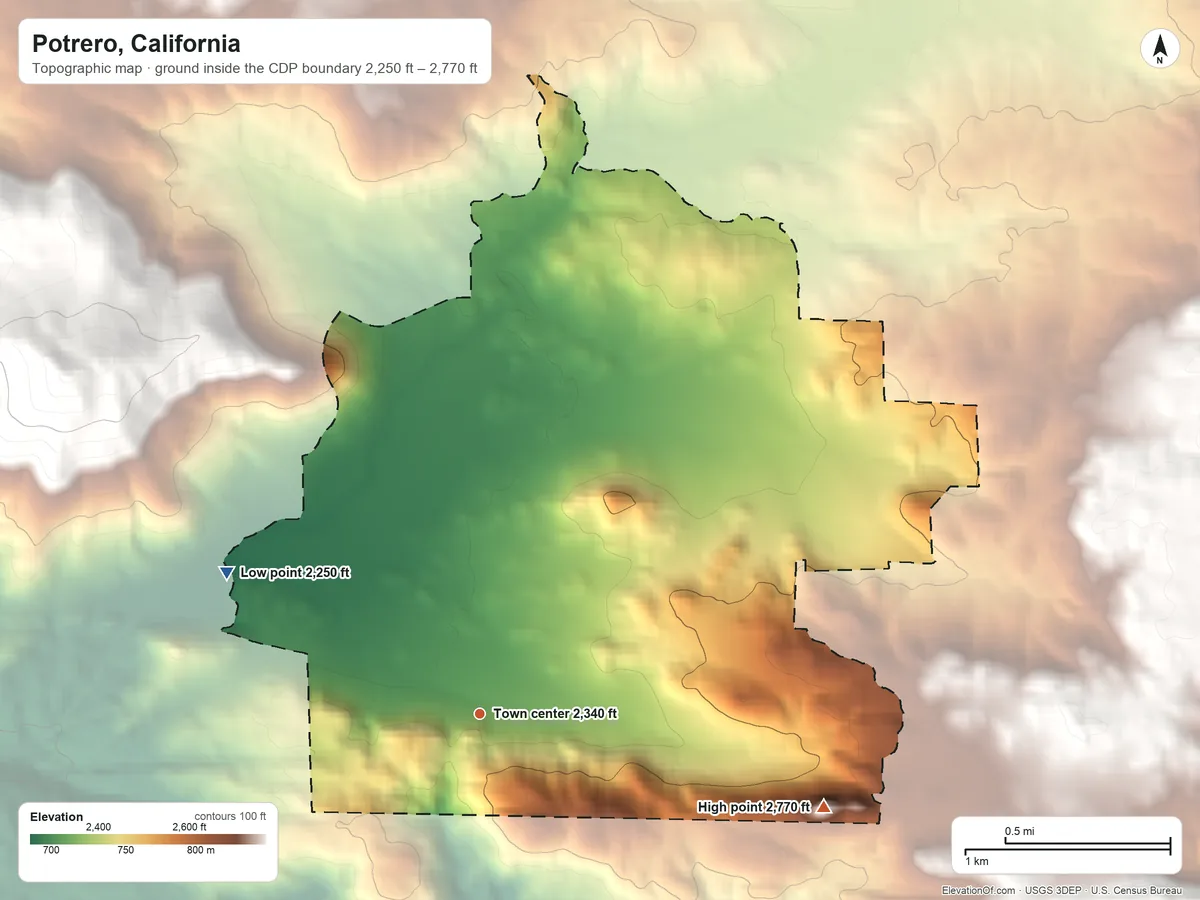Topographic elevation map of Potrero, California, shaded from 2,250 ft on the northwest side to 2,770 ft at the foot of the San Ysidro Mountains