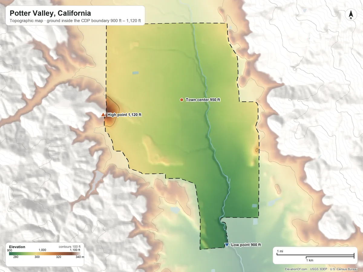 Topographic elevation map of Potter Valley, California, shaded from 900 ft on the south side to 1,120 ft on the west edge, below higher ground just outside