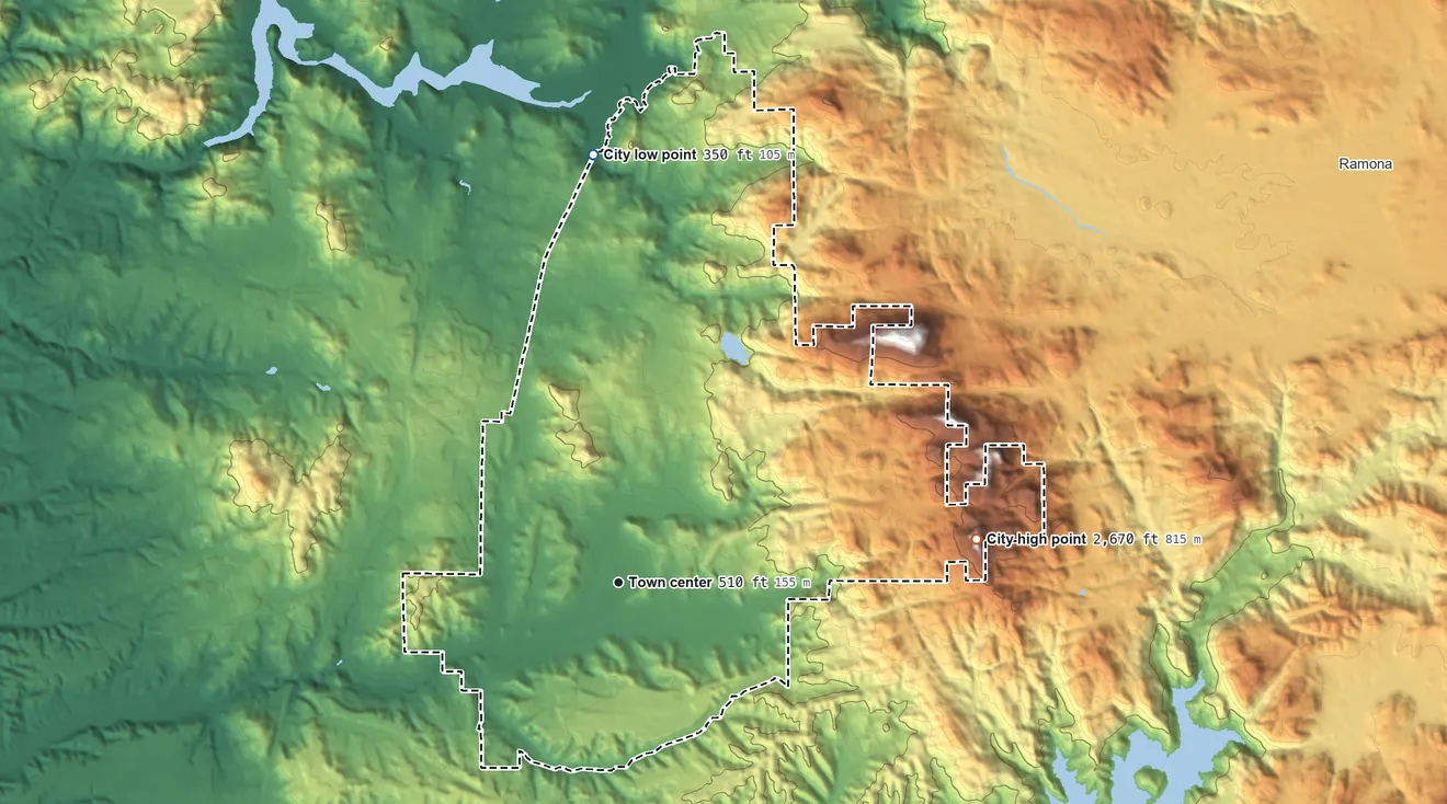 Topographic elevation map of Poway, California, shaded from 350 ft on the north side to 2,670 ft on Iron Mountain