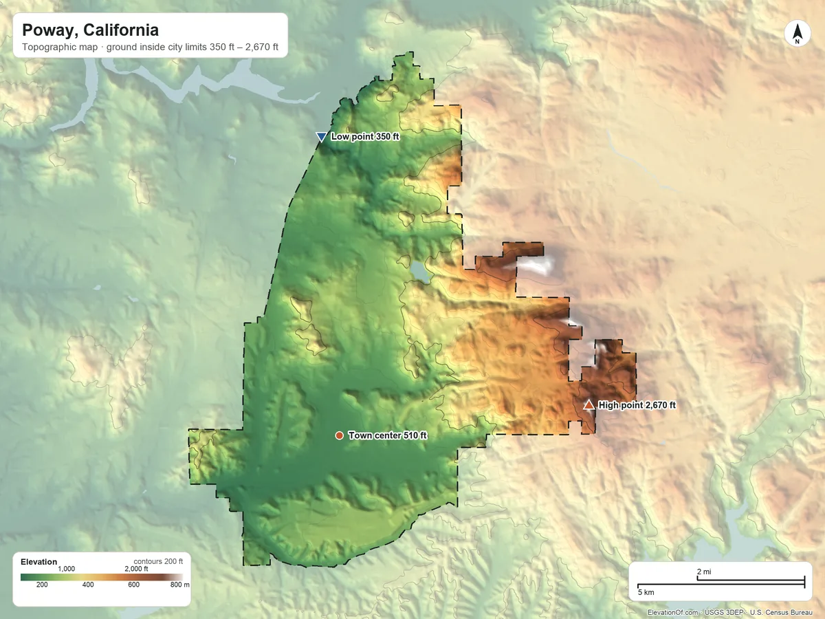 Topographic elevation map of Poway, California, shaded from 350 ft on the north side to 2,670 ft on Iron Mountain