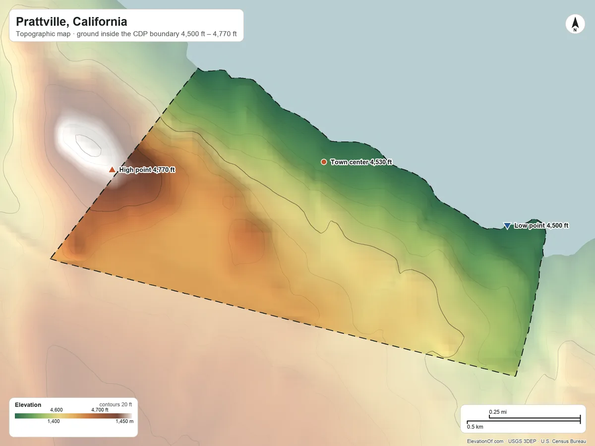 Topographic elevation map of Prattville, California, shaded from 4,500 ft on the east side to 4,770 ft on the west edge, below higher ground just outside