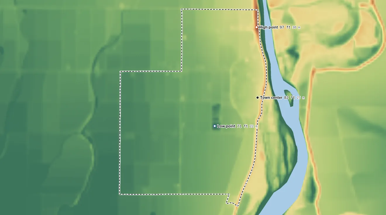 Topographic elevation map of Princeton, California, shaded from 71 ft on the southwest side to 97 ft on the north side