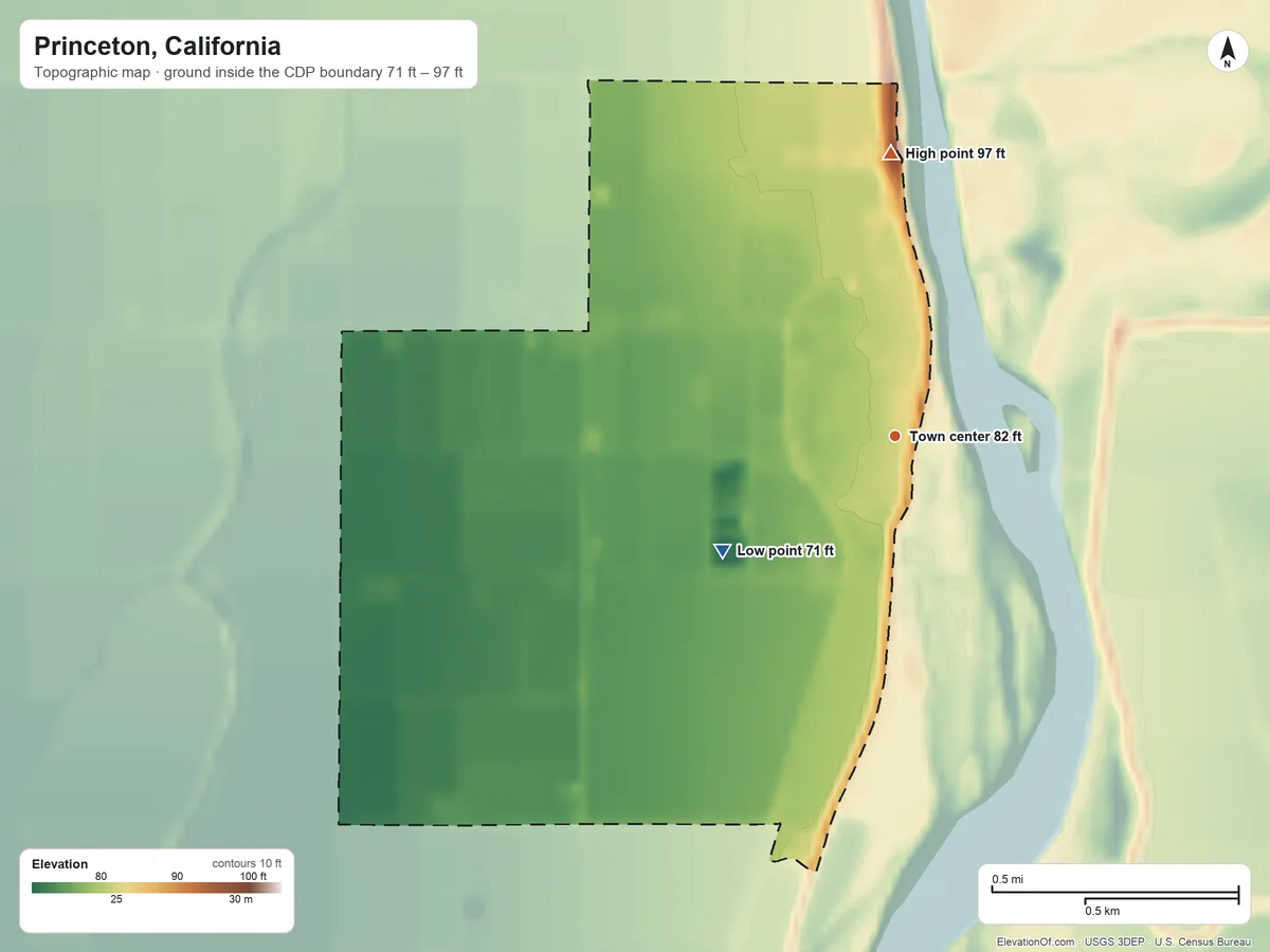 Topographic elevation map of Princeton, California, shaded from 71 ft on the southwest side to 97 ft on the north side