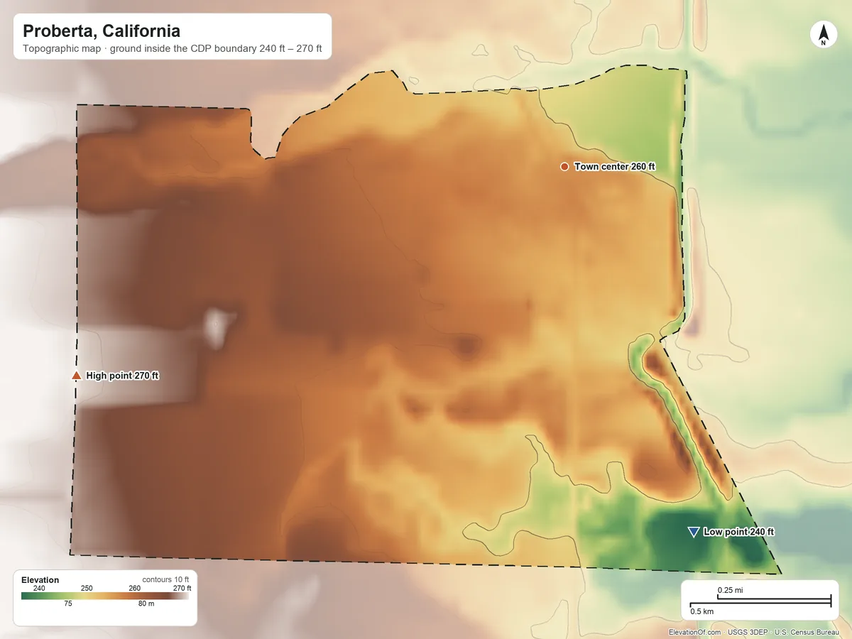 Topographic elevation map of Proberta, California, shaded from 240 ft on the south side to 270 ft on the southwest side