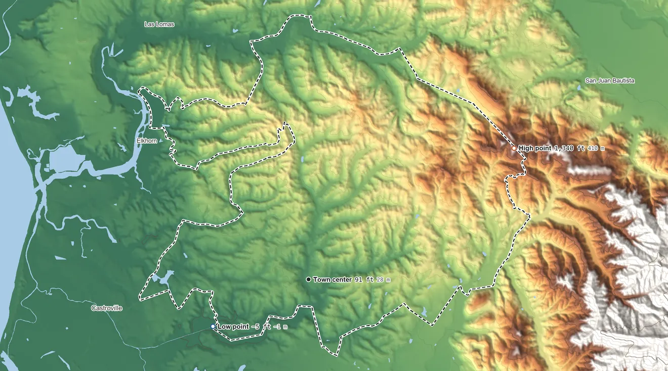 Topographic elevation map of Prunedale, California, shaded from −5 ft on the southwest side to 1,340 ft on the northeast side