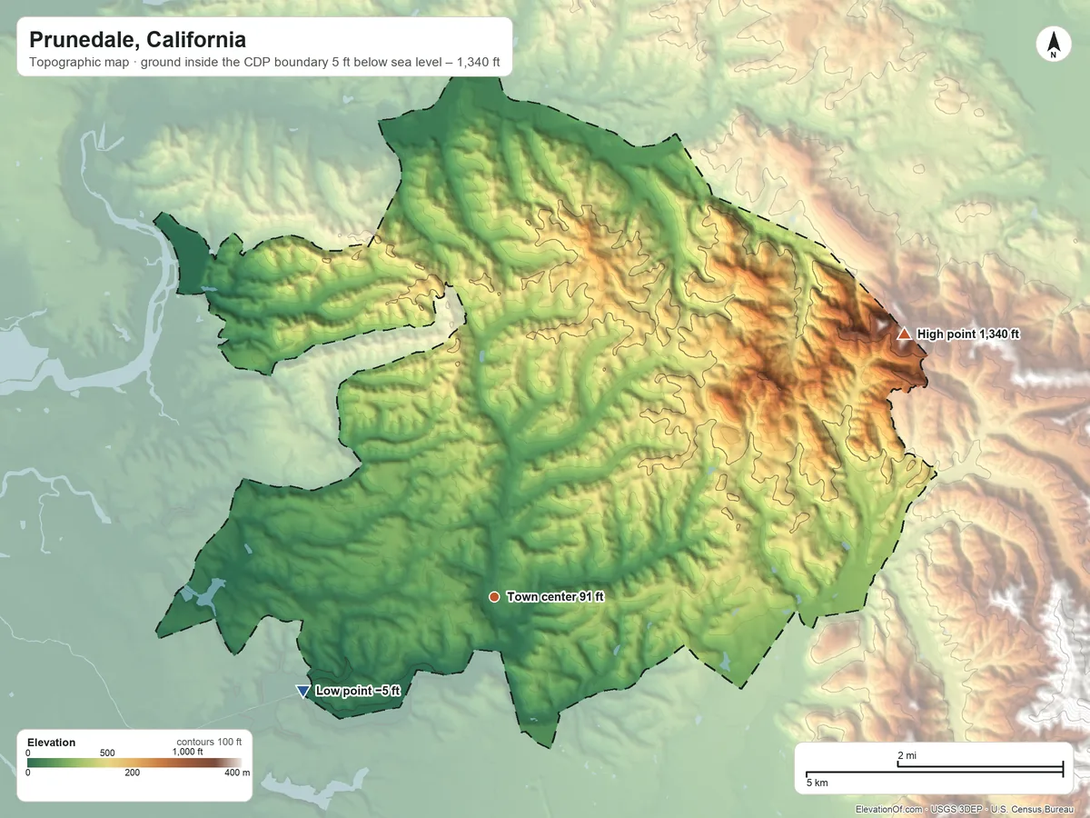 Topographic elevation map of Prunedale, California, shaded from −5 ft on the southwest side to 1,340 ft on the northeast side