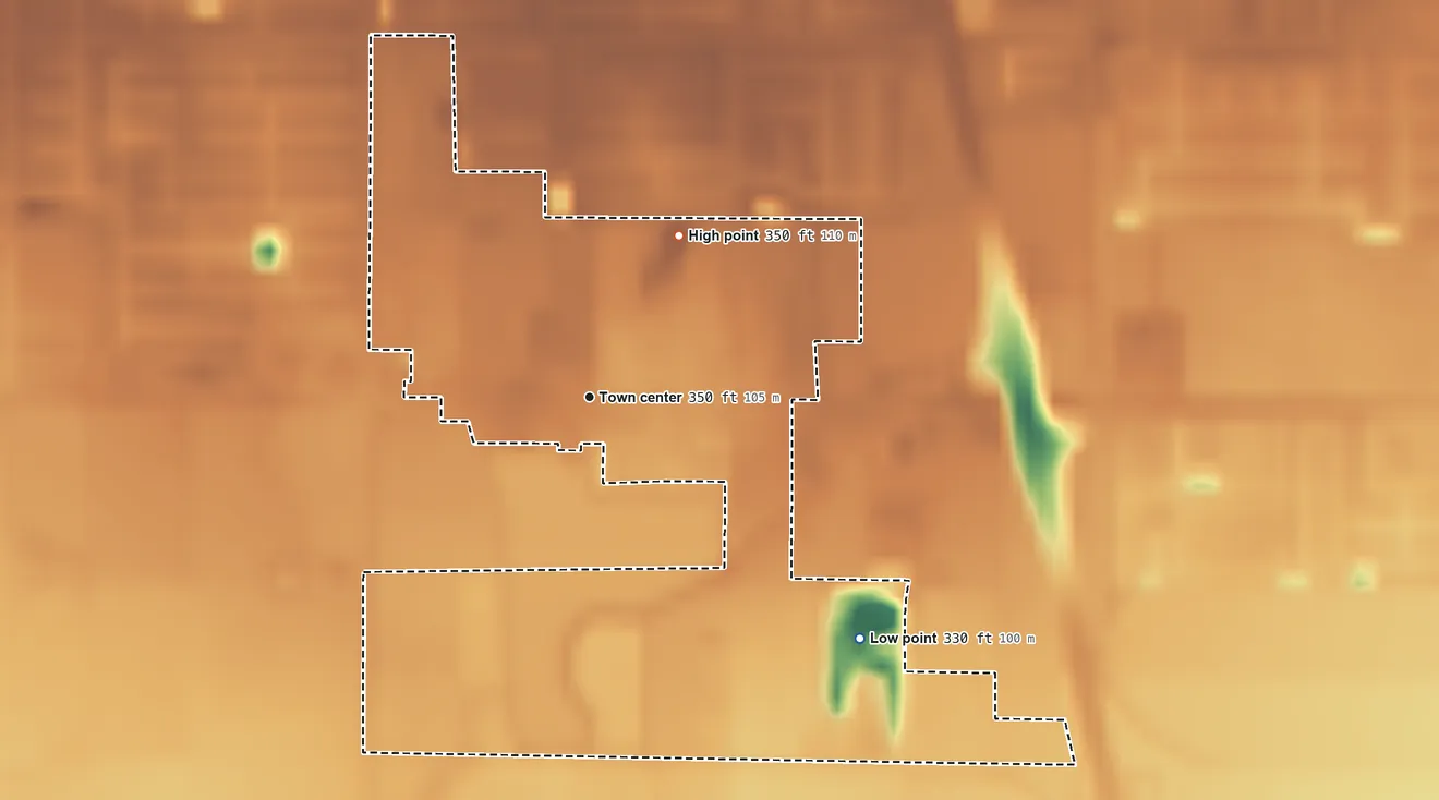 Topographic elevation map of Pumpkin Center, California, shaded from 330 ft on the southeast side to 350 ft on the northeast side