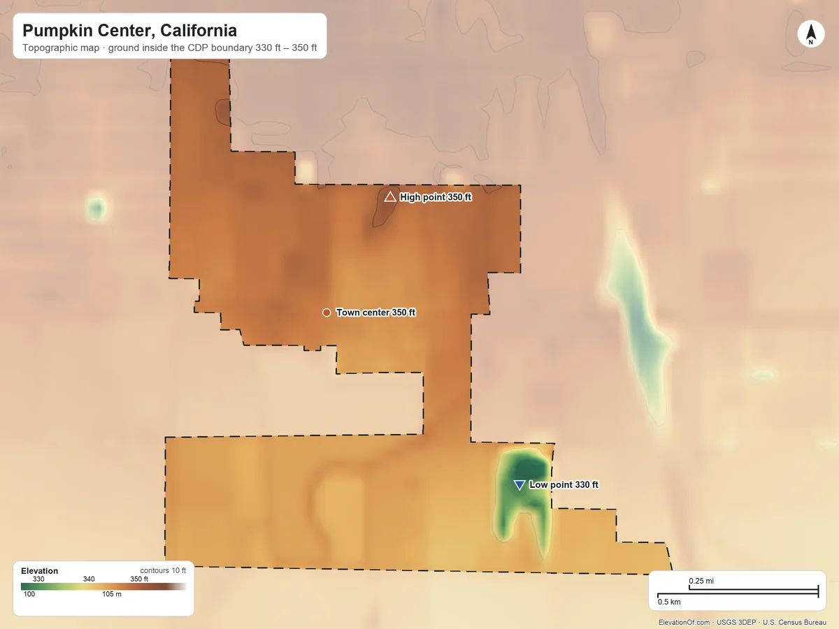 Topographic elevation map of Pumpkin Center, California, shaded from 330 ft on the southeast side to 350 ft on the northeast side