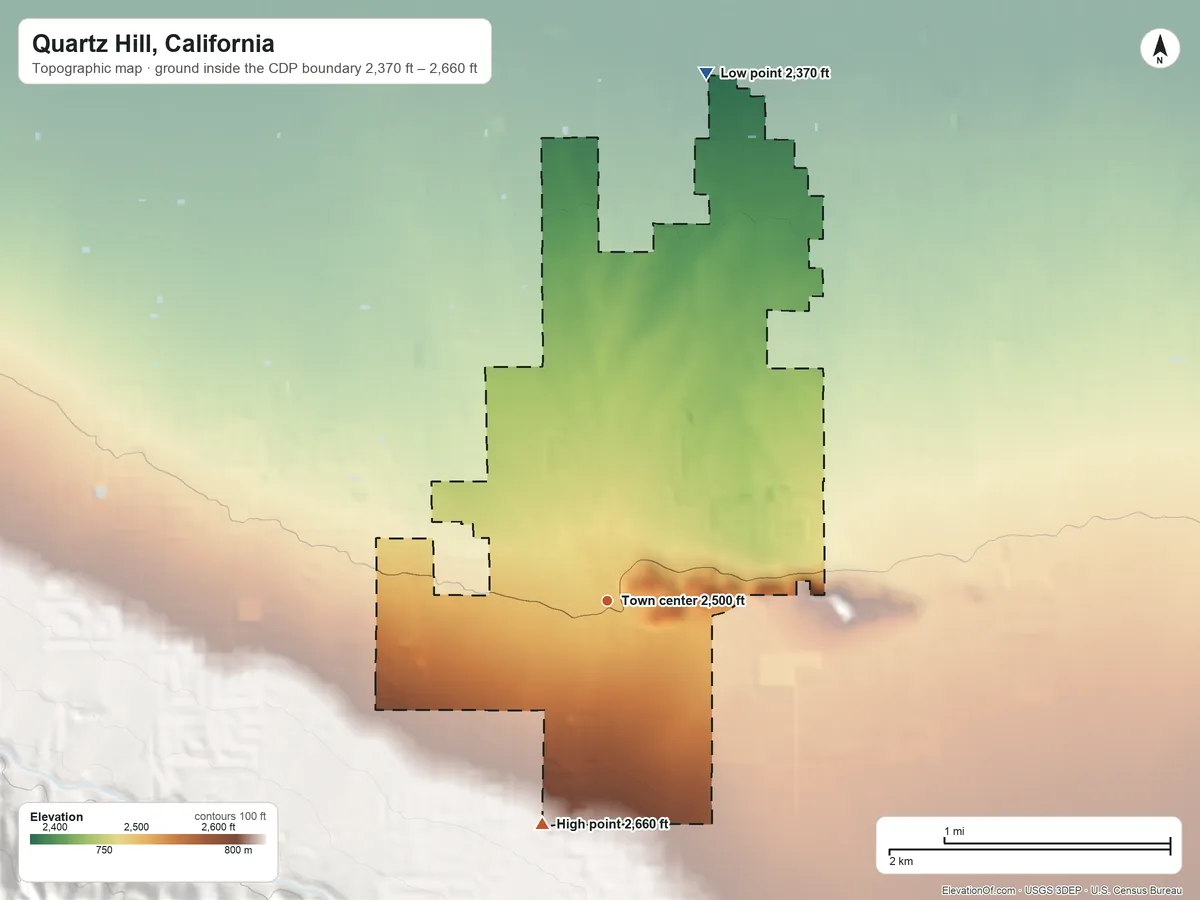 Topographic elevation map of Quartz Hill, California, shaded from 2,370 ft on the north side to 2,660 ft on the south edge, below higher ground just outside