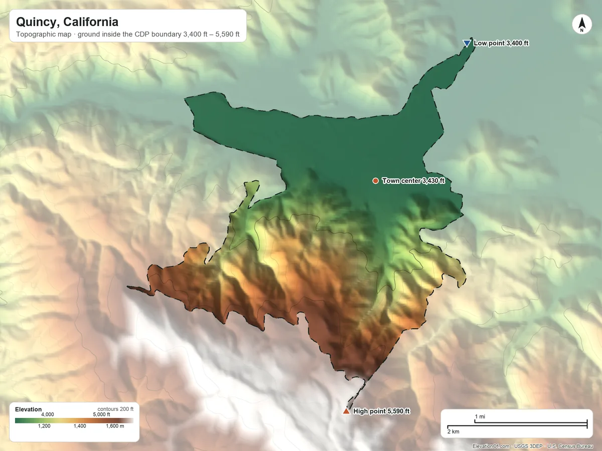 Topographic elevation map of Quincy, California, shaded from 3,400 ft on the northeast side to 5,590 ft on the south edge, below higher ground just outside