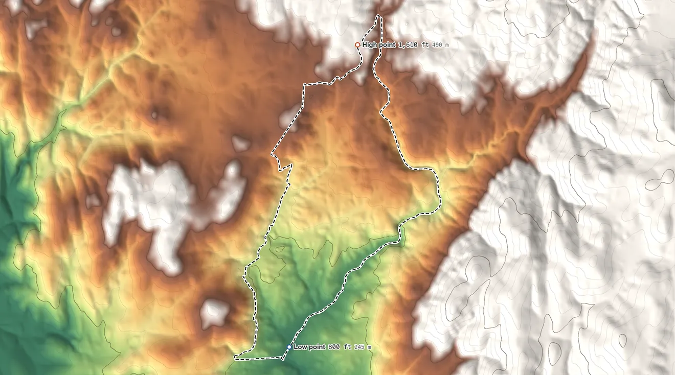 Topographic elevation map of Rackerby, California, shaded from 800 ft on the south side to 1,610 ft at the foot of the Oat Hills