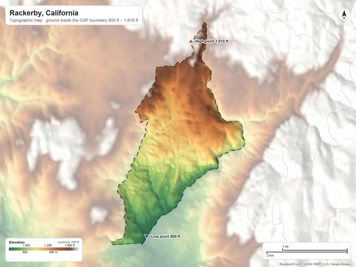 Topographic elevation map of Rackerby, California, shaded from 800 ft on the south side to 1,610 ft at the foot of the Oat Hills