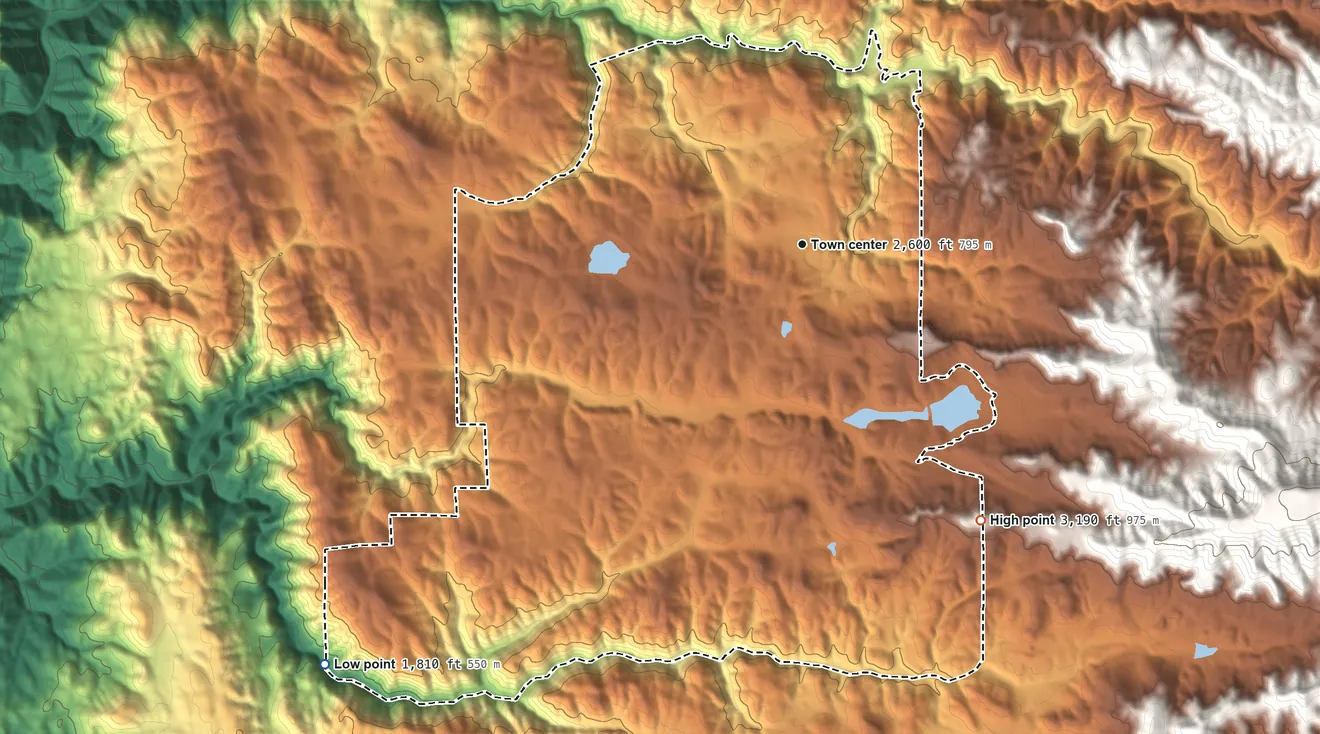 Topographic elevation map of Rail Road Flat, California, shaded from 1,810 ft on the southwest side to 3,190 ft on the southeast edge, below higher ground just outside